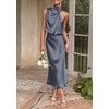 image:imagePRETTYGARDEN Womens Summer Satin Maxi Cocktail Dress  Silk FabricSleeveless Mock NeckFit and FlareAsymmetrical Long DressesElegant FormalWedding Guest PartyCruise OutfitsGrey Blue