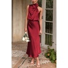 image:imagePRETTYGARDEN Womens Summer Satin Maxi Cocktail Dress  Silk FabricSleeveless Mock NeckFit and FlareAsymmetrical Long DressesElegant FormalWedding Guest PartyCruise OutfitsDark Wine Red
