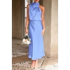 image:imagePRETTYGARDEN Womens Summer Satin Maxi Cocktail Dress  Silk FabricSleeveless Mock NeckFit and FlareAsymmetrical Long DressesElegant FormalWedding Guest PartyCruise OutfitsBlue