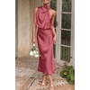 image:imagePRETTYGARDEN Womens Summer Satin Maxi Cocktail Dress  Silk FabricSleeveless Mock NeckFit and FlareAsymmetrical Long DressesElegant FormalWedding Guest PartyCruise OutfitsBrick Red
