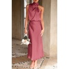 image:imagePRETTYGARDEN Womens Summer Satin Maxi Cocktail Dress  Silk FabricSleeveless Mock NeckFit and FlareAsymmetrical Long DressesElegant FormalWedding Guest PartyCruise OutfitsBrick Red