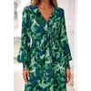image:imagePRETTYGARDEN Womens Tie Waist Floral Maxi Dress  Fall Wedding Guest Dresses Long Puff Sleeve V Neck With Belt Watercolor Print Elegant Long Flowy Holiday Party OutfitsFloral Green