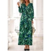 image:imagePRETTYGARDEN Womens Tie Waist Floral Maxi Dress  Fall Wedding Guest Dresses Long Puff Sleeve V Neck With Belt Watercolor Print Elegant Long Flowy Holiday Party OutfitsFloral Green