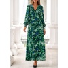 image:imagePRETTYGARDEN Womens Tie Waist Floral Maxi Dress  Fall Wedding Guest Dresses Long Puff Sleeve V Neck With Belt Watercolor Print Elegant Long Flowy Holiday Party OutfitsFloral Green