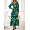 image:imagePRETTYGARDEN Womens Tie Waist Floral Maxi Dress  Fall Wedding Guest Dresses Long Puff Sleeve V Neck With Belt Watercolor Print Elegant Long Flowy Holiday Party OutfitsFloral Green
