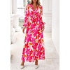 image:imagePRETTYGARDEN Womens Tie Waist Floral Maxi Dress  Fall Wedding Guest Dresses Long Puff Sleeve V Neck With Belt Watercolor Print Elegant Long Flowy Holiday Party OutfitsFloral White Rose Red