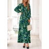 image:imagePRETTYGARDEN Womens Tie Waist Floral Maxi Dress  Fall Wedding Guest Dresses Long Puff Sleeve V Neck With Belt Watercolor Print Elegant Long Flowy Holiday Party OutfitsFloral Green