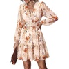 image:imagePRETTYGARDEN Women Floral Long Sleeve Mini Dress  Fall Wedding Guest Dresses V Neck Fit amp Flare Ruffle Hem ALine Short Chiffon Dress Elegant Holiday Party Date OutfitsBeige Orange Floral