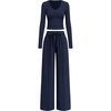 image:imagePRETTYGARDEN Womens 2 Piece Lounge Sets Matching Clothing  V Neck Long Sleeve Tops Wide Leg Pants Pockets Airport Travel Outfits Soft Ribbed Knit Drawstring Waist Fall Resort WearNavy Blue