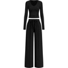 image:imagePRETTYGARDEN Womens 2 Piece Lounge Sets Matching Clothing  V Neck Long Sleeve Tops Wide Leg Pants Pockets Airport Travel Outfits Soft Ribbed Knit Drawstring Waist Fall Resort WearBlack