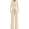 image:imagePRETTYGARDEN Womens 2 Piece Lounge Sets Matching Clothing  V Neck Long Sleeve Tops Wide Leg Pants Pockets Airport Travel Outfits Soft Ribbed Knit Drawstring Waist Fall Resort WearBeige