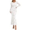 image:imagePRETTYGARDEN Womens Floral Maxi Fall Wedding Guest Dress  Lightweight Stretchy Mesh Long Bell Sleeves Bodycon Mermaid Fit Elegant Dresses for Cocktail Holiday Party Formal EventsWhite