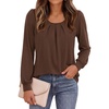 image:imagePRETTYGARDEN Womens Long Puff Sleeve Tops Crew Neck Blouse  Pleated Front Loose Fit Soft Business Casual Work Shirts Dressy Daily Wear School Travel Outfits Fall Winter ClothingBrown