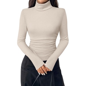image:imagePRETTYGARDEN Turtleneck Tops for Women Long Sleeve Shirts  Slim Fitted Underscrub Ribbed Knit Thermal Undershirts 2026 Fall Casual Going Out Outfits Base Layer Winter ClothesBeige