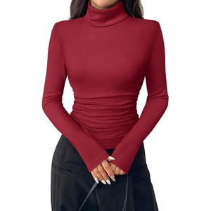 image:imagePRETTYGARDEN Turtleneck Tops for Women Long Sleeve Shirts  Slim Fitted Underscrub Ribbed Knit Thermal Undershirts 2026 Fall Casual Going Out Outfits Base Layer Winter ClothesRed