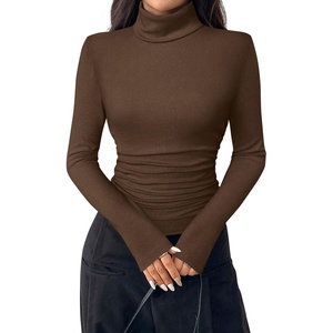 image:imagePRETTYGARDEN Turtleneck Tops for Women Long Sleeve Shirts  Slim Fitted Underscrub Ribbed Knit Thermal Undershirts 2026 Fall Casual Going Out Outfits Base Layer Winter ClothesBrown