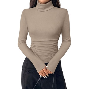 image:imagePRETTYGARDEN Turtleneck Tops for Women Long Sleeve Shirts  Slim Fitted Underscrub Ribbed Knit Thermal Undershirts 2026 Fall Casual Going Out Outfits Base Layer Winter ClothesKhaki