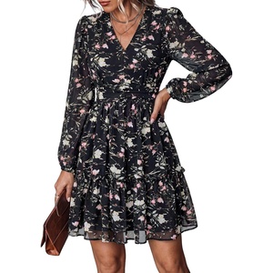 image:imagePRETTYGARDEN Women Floral Long Sleeve Mini Dress  Fall Wedding Guest Dresses V Neck Fit amp Flare Ruffle Hem ALine Short Chiffon Dress Elegant Holiday Party Date OutfitsBlack White Floral