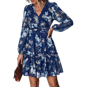 image:imagePRETTYGARDEN Women Floral Long Sleeve Mini Dress  Fall Wedding Guest Dresses V Neck Fit amp Flare Ruffle Hem ALine Short Chiffon Dress Elegant Holiday Party Date OutfitsBlue Floral