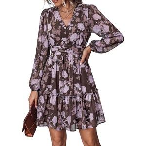 image:imagePRETTYGARDEN Women Floral Long Sleeve Mini Dress  Fall Wedding Guest Dresses V Neck Fit amp Flare Ruffle Hem ALine Short Chiffon Dress Elegant Holiday Party Date OutfitsBrown Purple Floral