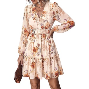 image:imagePRETTYGARDEN Women Floral Long Sleeve Mini Dress  Fall Wedding Guest Dresses V Neck Fit amp Flare Ruffle Hem ALine Short Chiffon Dress Elegant Holiday Party Date OutfitsBeige Orange Floral