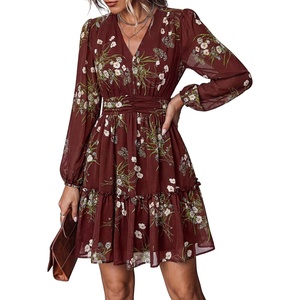 image:imagePRETTYGARDEN Women Floral Long Sleeve Mini Dress  Fall Wedding Guest Dresses V Neck Fit amp Flare Ruffle Hem ALine Short Chiffon Dress Elegant Holiday Party Date OutfitsDark Red White Floral