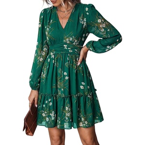 image:imagePRETTYGARDEN Women Floral Long Sleeve Mini Dress  Fall Wedding Guest Dresses V Neck Fit amp Flare Ruffle Hem ALine Short Chiffon Dress Elegant Holiday Party Date OutfitsGreen White Floral