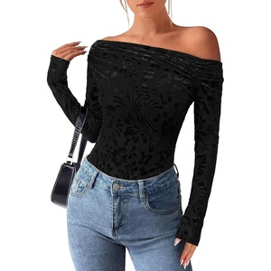 image:imagePRETTYGARDEN Women Trendy Off the Shoulder Floral Tops  Lightweight Stretchy Mesh Blouse Flocked Print Long Sleeve Slim Fit Shirts Fall Spring Outfits for Date Night Going OutBlack