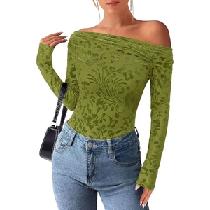 image:imagePRETTYGARDEN Women Trendy Off the Shoulder Floral Tops  Lightweight Stretchy Mesh Blouse Flocked Print Long Sleeve Slim Fit Shirts Fall Spring Outfits for Date Night Going OutLight Green