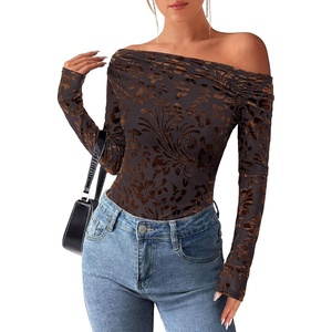 image:imagePRETTYGARDEN Women Trendy Off the Shoulder Floral Tops  Lightweight Stretchy Mesh Blouse Flocked Print Long Sleeve Slim Fit Shirts Fall Spring Outfits for Date Night Going OutBrown