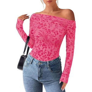 image:imagePRETTYGARDEN Women Trendy Off the Shoulder Floral Tops  Lightweight Stretchy Mesh Blouse Flocked Print Long Sleeve Slim Fit Shirts Fall Spring Outfits for Date Night Going OutRose Red