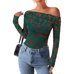 image:imagePRETTYGARDEN Women Trendy Off the Shoulder Floral Tops  Lightweight Stretchy Mesh Blouse Flocked Print Long Sleeve Slim Fit Shirts Fall Spring Outfits for Date Night Going OutDark Green