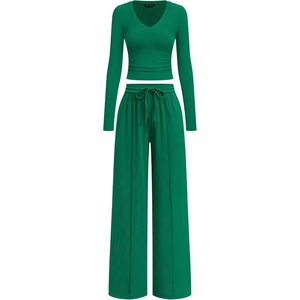image:imagePRETTYGARDEN Womens 2 Piece Lounge Sets Matching Clothing  V Neck Long Sleeve Tops Wide Leg Pants Pockets Airport Travel Outfits Soft Ribbed Knit Drawstring Waist Fall Resort WearGreen