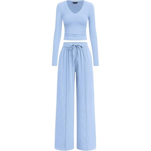 image:imagePRETTYGARDEN Womens 2 Piece Lounge Sets Matching Clothing  V Neck Long Sleeve Tops Wide Leg Pants Pockets Airport Travel Outfits Soft Ribbed Knit Drawstring Waist Fall Resort WearLight Blue