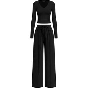 image:imagePRETTYGARDEN Womens 2 Piece Lounge Sets Matching Clothing  V Neck Long Sleeve Tops Wide Leg Pants Pockets Airport Travel Outfits Soft Ribbed Knit Drawstring Waist Fall Resort WearBlack