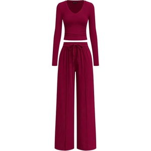 image:imagePRETTYGARDEN Womens 2 Piece Lounge Sets Matching Clothing  V Neck Long Sleeve Tops Wide Leg Pants Pockets Airport Travel Outfits Soft Ribbed Knit Drawstring Waist Fall Resort WearBurgundy