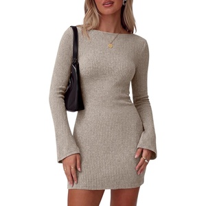image:imagePRETTYGARDEN Womens Boat Neck Bell Long Sleeve Mini Dress  High Stretch Ribbed KnitVersatile Basic Slim Fit BodyconShort Night Out Party Cocktail DressesFall Winter Fashion ClothingApricot