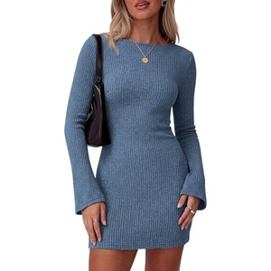 image:imagePRETTYGARDEN Womens Boat Neck Bell Long Sleeve Mini Dress  High Stretch Ribbed KnitVersatile Basic Slim Fit BodyconShort Night Out Party Cocktail DressesFall Winter Fashion ClothingGrey Blue