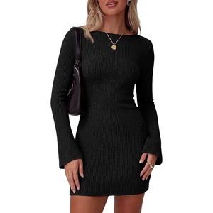 image:imagePRETTYGARDEN Womens Boat Neck Bell Long Sleeve Mini Dress  High Stretch Ribbed KnitVersatile Basic Slim Fit BodyconShort Night Out Party Cocktail DressesFall Winter Fashion ClothingBlack