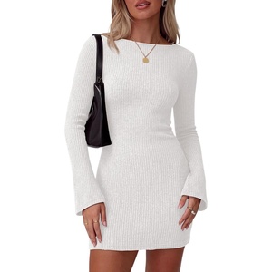 image:imagePRETTYGARDEN Womens Boat Neck Bell Long Sleeve Mini Dress  High Stretch Ribbed KnitVersatile Basic Slim Fit BodyconShort Night Out Party Cocktail DressesFall Winter Fashion ClothingWhite