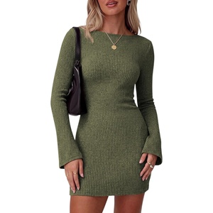 image:imagePRETTYGARDEN Womens Boat Neck Bell Long Sleeve Mini Dress  High Stretch Ribbed KnitVersatile Basic Slim Fit BodyconShort Night Out Party Cocktail DressesFall Winter Fashion ClothingArmy Green