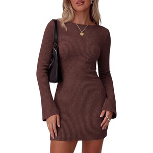 image:imagePRETTYGARDEN Womens Boat Neck Bell Long Sleeve Mini Dress  High Stretch Ribbed KnitVersatile Basic Slim Fit BodyconShort Night Out Party Cocktail DressesFall Winter Fashion ClothingBrown