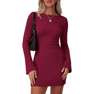 image:imagePRETTYGARDEN Womens Boat Neck Bell Long Sleeve Mini Dress  High Stretch Ribbed KnitVersatile Basic Slim Fit BodyconShort Night Out Party Cocktail DressesFall Winter Fashion ClothingWine Red