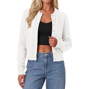 image:imagePRETTYGARDEN Womens Cropped Button Up Knit Cardigan Sweater  Cute Crewneck Long Sleeve Lightweight Tops 2026 Fall Trendy Slim Fit Soft Cozy Casual Cardigans Holiday Party SweatersWhite