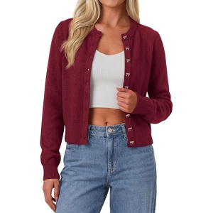 image:imagePRETTYGARDEN Womens Cropped Button Up Knit Cardigan Sweater  Cute Crewneck Long Sleeve Lightweight Tops 2026 Fall Trendy Slim Fit Soft Cozy Casual Cardigans Holiday Party SweatersBurgundy