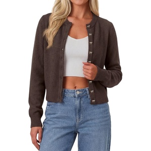 image:imagePRETTYGARDEN Womens Cropped Button Up Knit Cardigan Sweater  Cute Crewneck Long Sleeve Lightweight Tops 2026 Fall Trendy Slim Fit Soft Cozy Casual Cardigans Holiday Party SweatersBrown
