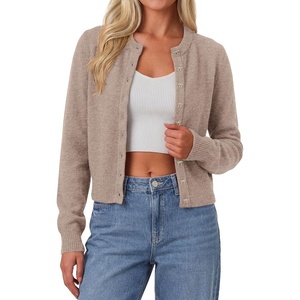 image:imagePRETTYGARDEN Womens Cropped Button Up Knit Cardigan Sweater  Cute Crewneck Long Sleeve Lightweight Tops 2026 Fall Trendy Slim Fit Soft Cozy Casual Cardigans Holiday Party SweatersKhaki