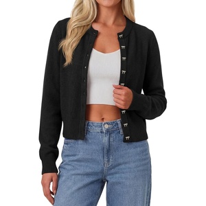 image:imagePRETTYGARDEN Womens Cropped Button Up Knit Cardigan Sweater  Cute Crewneck Long Sleeve Lightweight Tops 2026 Fall Trendy Slim Fit Soft Cozy Casual Cardigans Holiday Party SweatersBlack