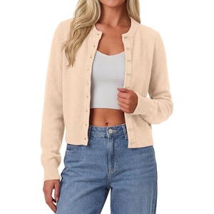 image:imagePRETTYGARDEN Womens Cropped Button Up Knit Cardigan Sweater  Cute Crewneck Long Sleeve Lightweight Tops 2026 Fall Trendy Slim Fit Soft Cozy Casual Cardigans Holiday Party SweatersBeige
