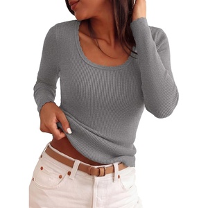 image:imagePRETTYGARDEN Womens Fall Lightweight Ribbed Knit Sweaters  Stretchy Cozy KnitwearScalloped Scoop NeckLong Sleeve ShirtsSlim Fitted PulloverBasic Layering TopsCute Casual OutfitsGrey